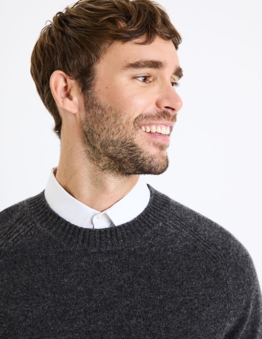 Homme Pull Col Rond 100% Laine – Anthracite | Celio Pulls Col Rond