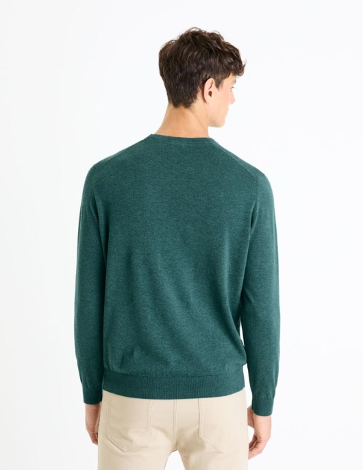 Homme Pull Col Rond 100% Coton – Vert | Celio Pulls Col Rond