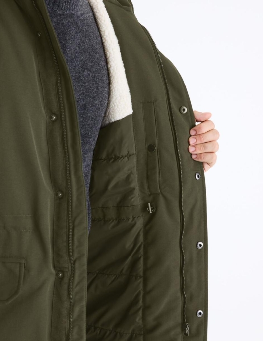 Homme Parka à Capuche Doublé Sherpa – Kaki | Celio Parkas