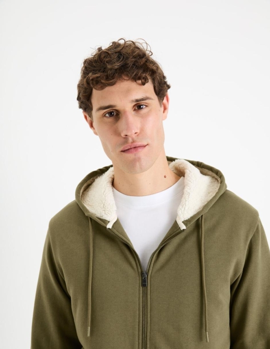 Homme Sweat Zippé à  Capuche Coton Mélangé – Kaki | Celio Sweats