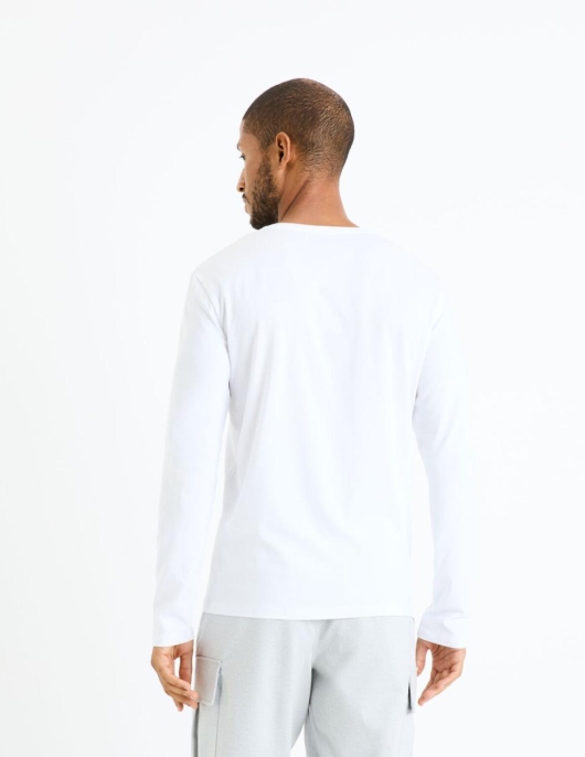 Homme T-shirt Manches Longues Col V Slim Coton Stretch – Blanc | Celio T-shirts